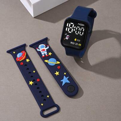 2 piezas Relojes electrónicos cuadrados clásicos para niños, adecuados para niños y niñas. Este reloj electrónico con correa es adecuado para usar durante la temporada de regreso a clases. Cada reloj viene con una correa de repuesto, con formas que incluyen mariposa, flor o fresa (intercambiables).