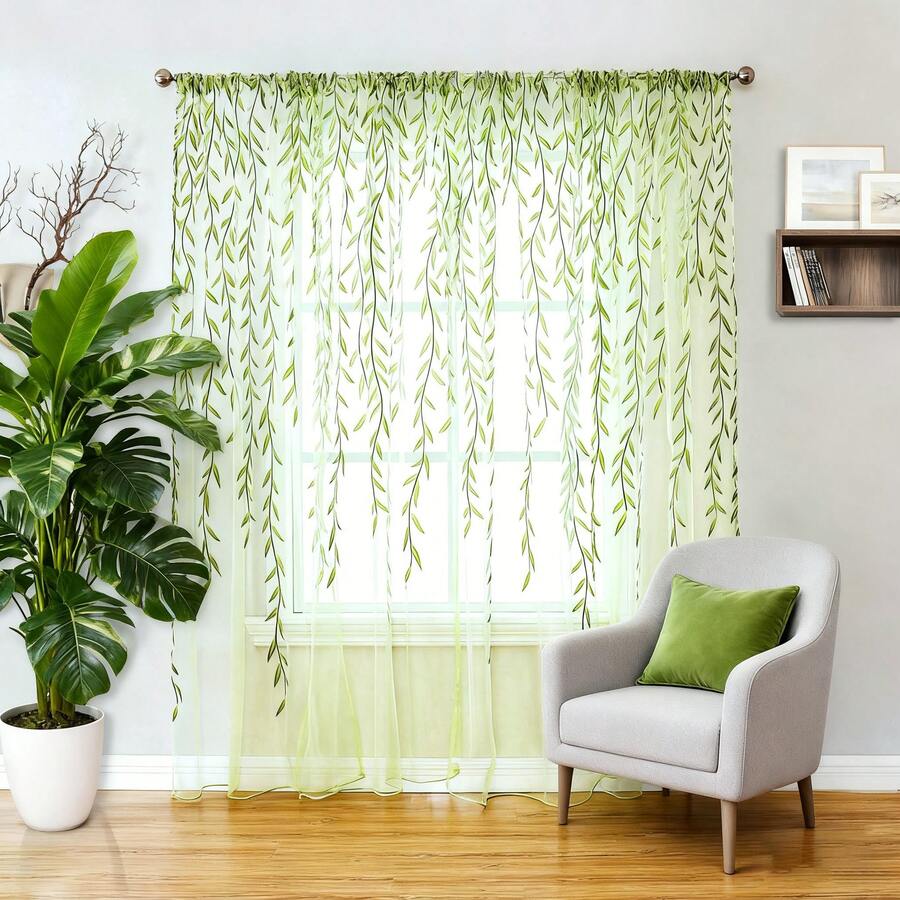 2 Pieces Of Willow Leaf Sheer Curtains, Vine Pattern Curtain Panels That Let Light Through, Suitable For Living Room, Bedroom, And Balcony - 綠色 - 查看 1