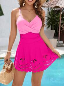 Women's One Piece Swimsuit Ruffle Swimdress Tummy Control V Neck Wrap Swimwear Bathing Suit - 玫紅色 - 查看 2