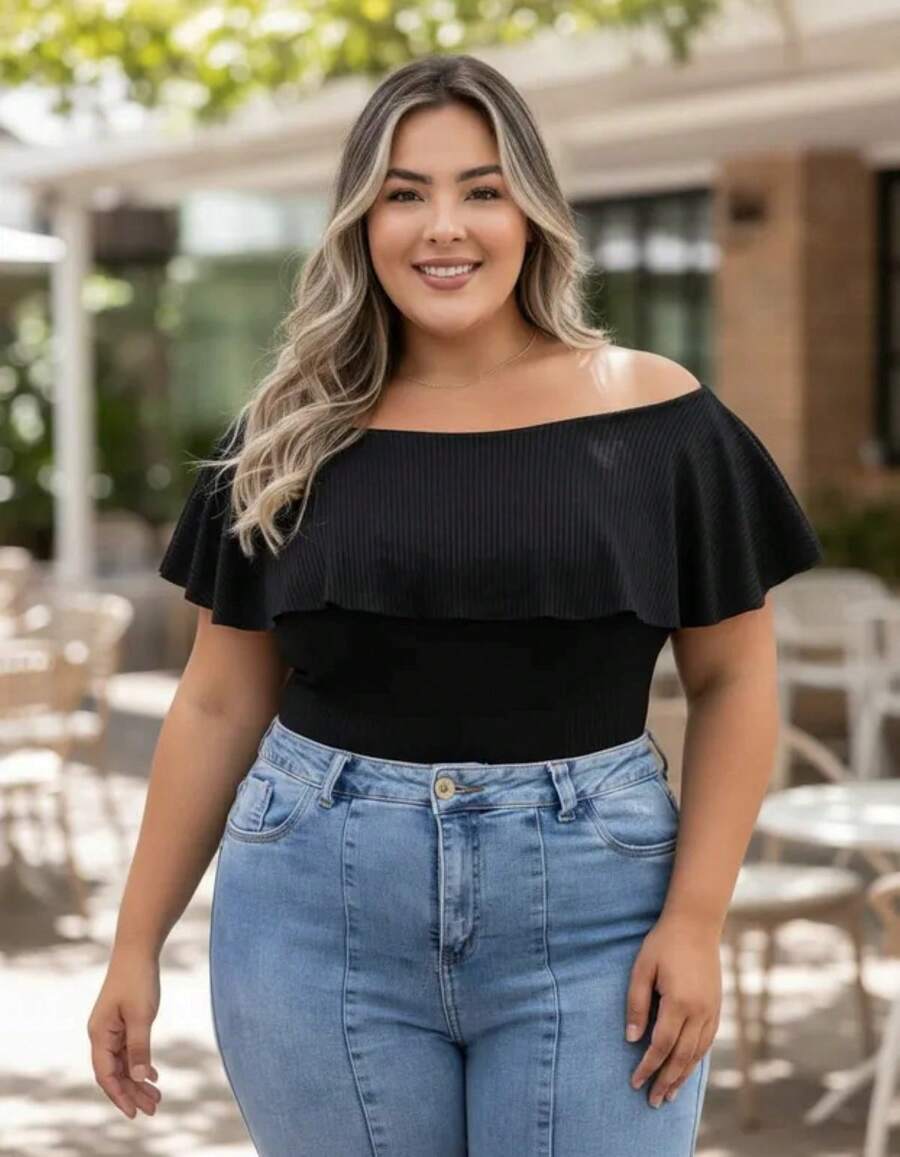 Plus Size Women's Blouses Elegant Ribbed Ruffle Off Shoulder Party - màu đen - Xem 1