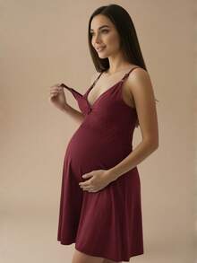 Nursing Nightgown With Lace Detail Postpartum Comfort Maternity. - Burgundy - View 2
