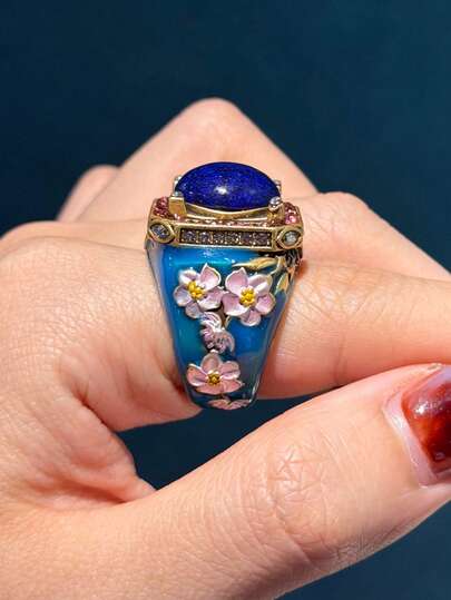 1 pieza Anillo de piedra natural imitación de lapislázuli azul y cristal rosa con flor de ciruelo grabada en baño de oro vintage de 18 quilates, joyería elegante para eventos formales