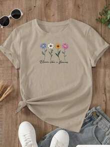 CAMISETA T-shirt Feminina Blusa Feminina de Algodão Leve Look Casual Estilosa Bloam Like A Flower - Bege - Visão 1