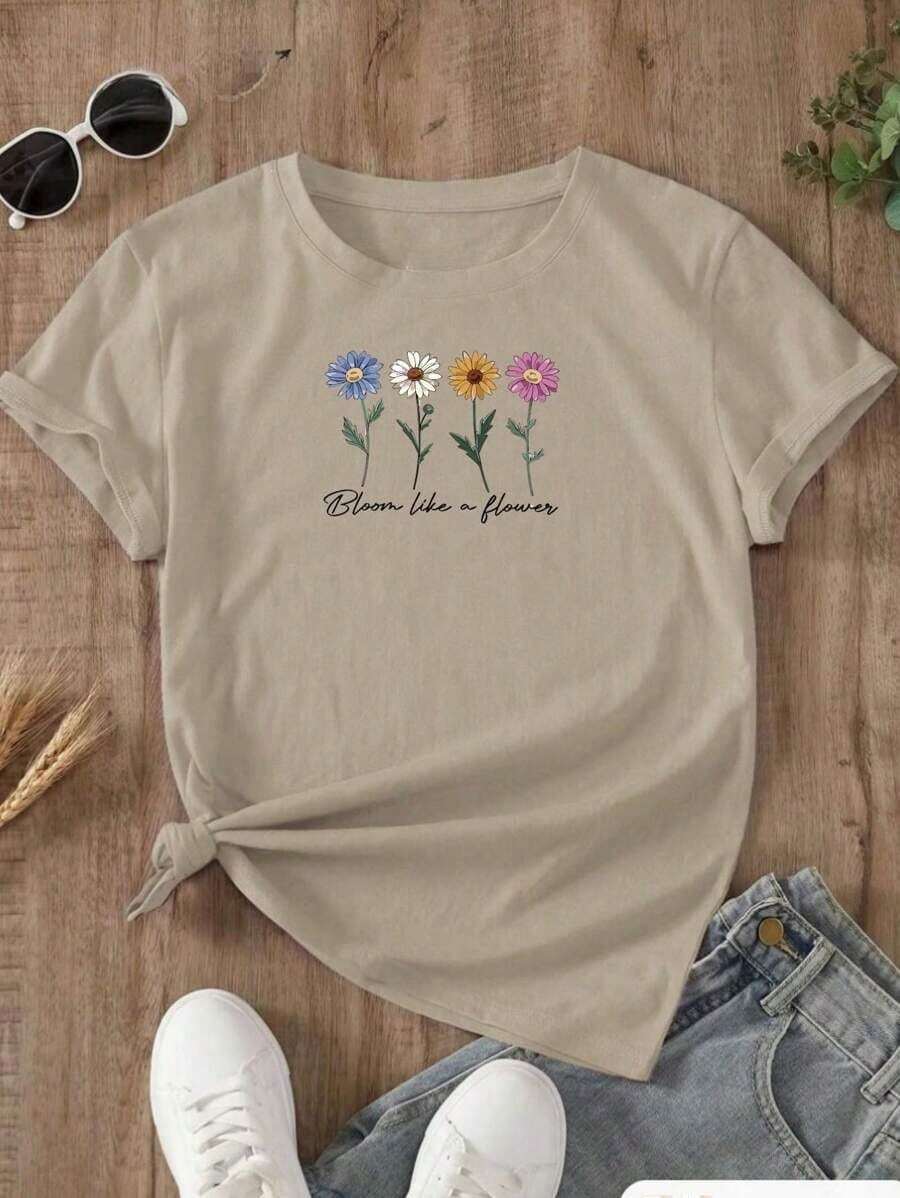 CAMISETA T-shirt Feminina Blusa Feminina de Algodão Leve Look Casual Estilosa Bloam Like A Flower - Bege - Visão 1