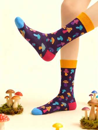 1 Pair Unisex Cute Cartoon Mushroom Pattern Mid-Calf Socks, Comfortable & Durable, Vibrant Colors, Suitable For Daily Wear, All Seasons
