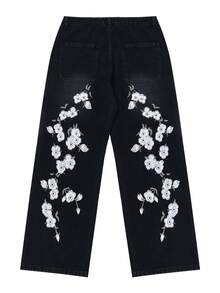 Y2K Hip Hop Rock Style Jeans, Cherry Blossom Embroidered Jeans, Street Vintage Loose Wide Leg Jeans, Retro Denim Pants - Black - View 2