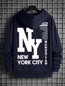 男士休闲纽约缩写印花连帽卫衣，返校季，秋冬季 - 藏蓝色 - 查看 5