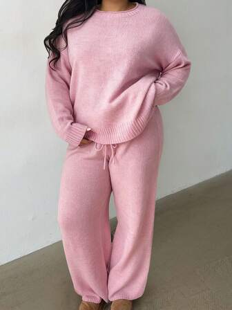 2pcs/Set Casual Knitted Pullover Sweater For Plus Size Women