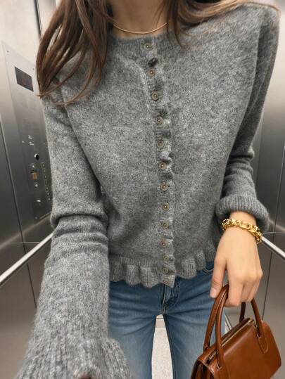 Suéter de punto elegante con cuello redondo, volantes y pliegues en capas, versátil y casual, para otoño/invierno, color gris sólido