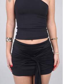 Women's Skirt With Knot And Straps, Double Lining, Polyamide, Stylish, Fashionable For New Year's Eve. - 黑色 - 查看 2