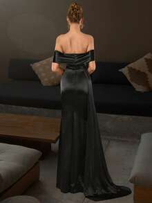 Basrey Solid Satin Off-Shoulder High-Waist Evening Dress, Fishtail Hem, Suitable For Formal Dinners, Galas And Parties. Party Wedding - Black - View 5