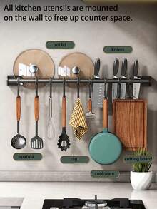 1PC Stainless Steel No-Drill Kitchen Rack, Spatula And Spoon Storage Holder, Retro Farmhouse Style DIY Wall-Mounted Pot Rack, Detachable Kitchen Utensil Hooks (Black). - Multicolor - View 5