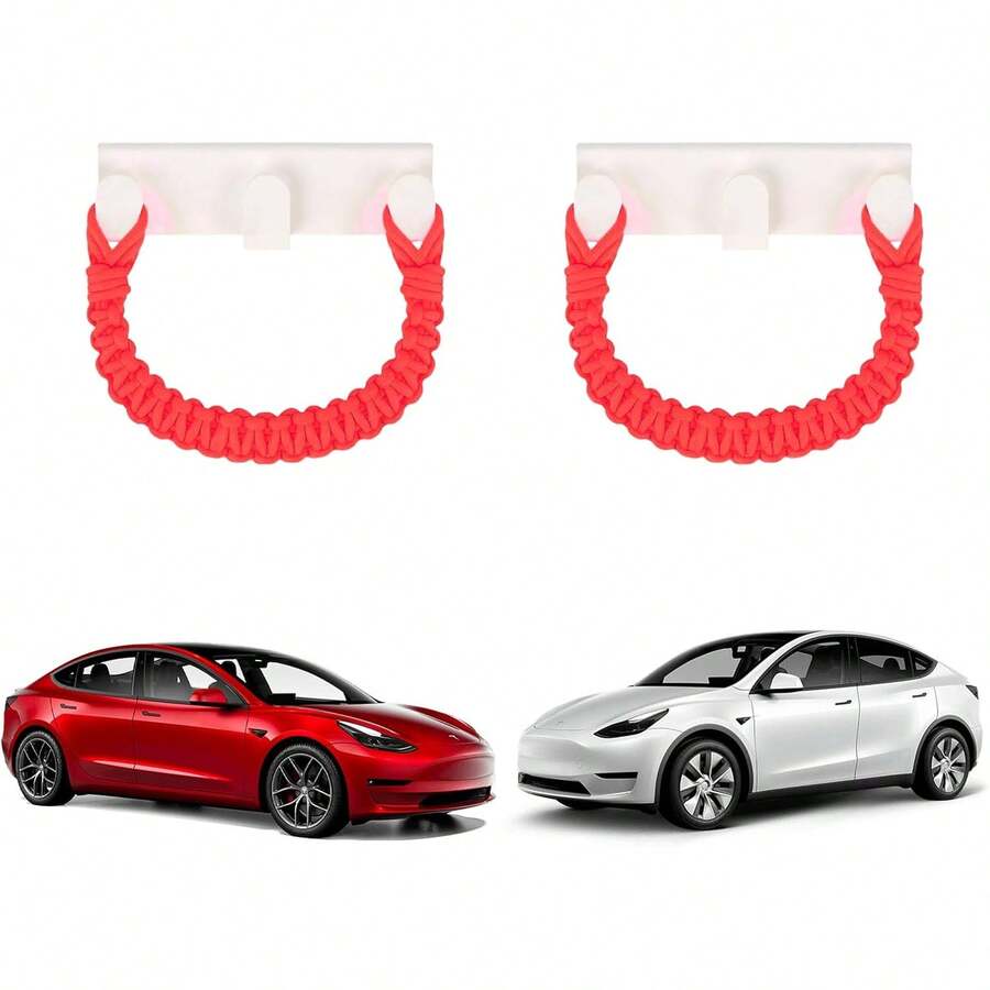 Ganchos para asiento trasero de coche, organizadores para bolsos, bolsos, abrigos, gancho para el techo, asas de agarre, ganchos de ayuda para niños mayores, se adapta a Tesla modelo 3, modelo Y X - Blanco y rosa (White and Pink) - Ver 1