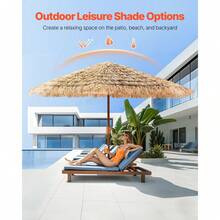 Tiki Umbrella, 9 Ft Thatched Patio Umbrella With Tilt, Hawaiian Style Beach Parasol With Durable PP Thatch And 8 Metal Ribs, Grass Pool Umbrellas For Beach, Patio, Poolside, Backyard & Garden - 棕色 - 查看 2