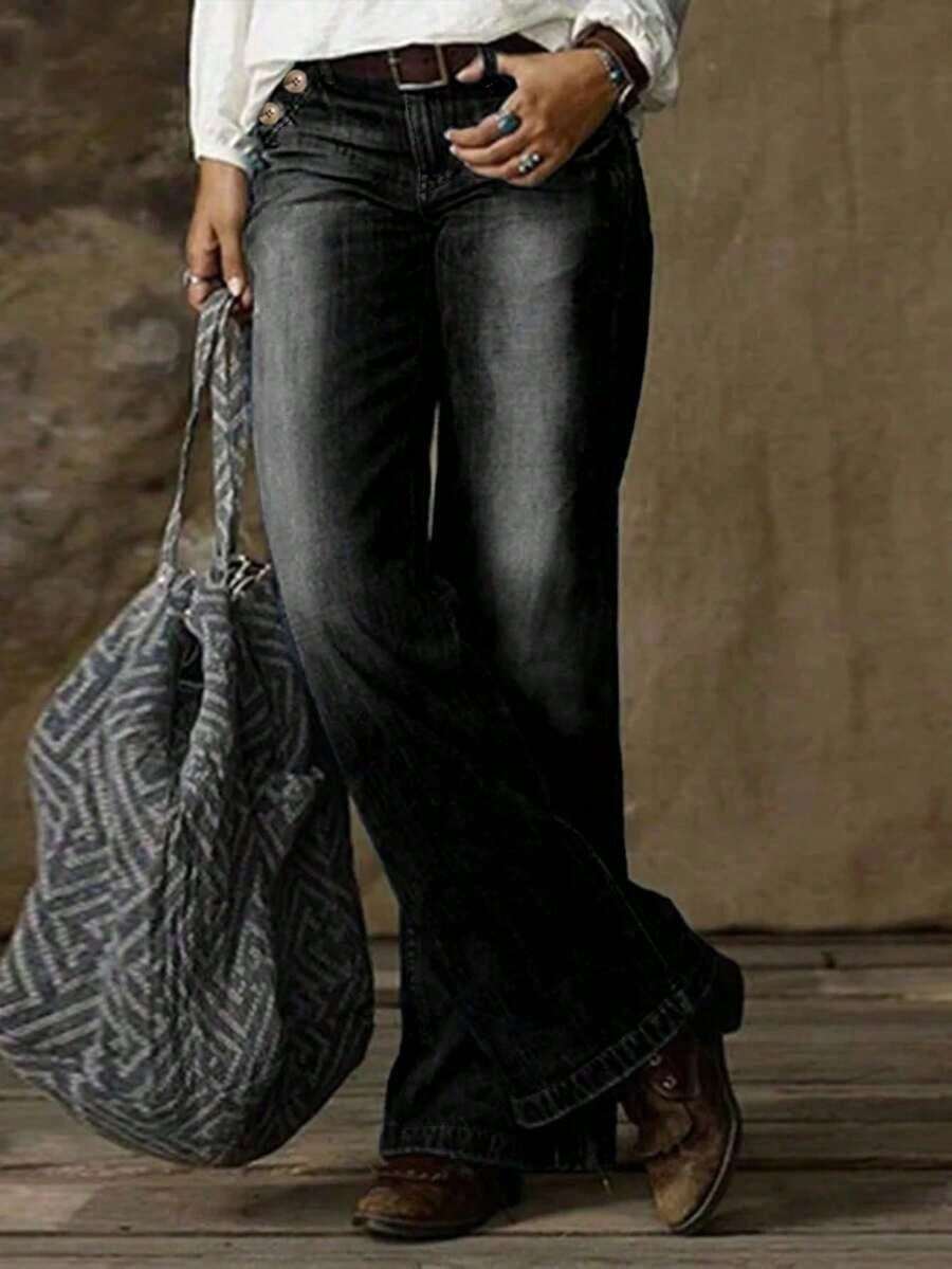 These Relaxed, Loose-Fitting Straight-Leg Jeans For Women Feature Button-Down Detailing And Are Perfect For All Seasons, Perfect For Back-To-School, Concerts, And Holiday Parties. - Black - View 1