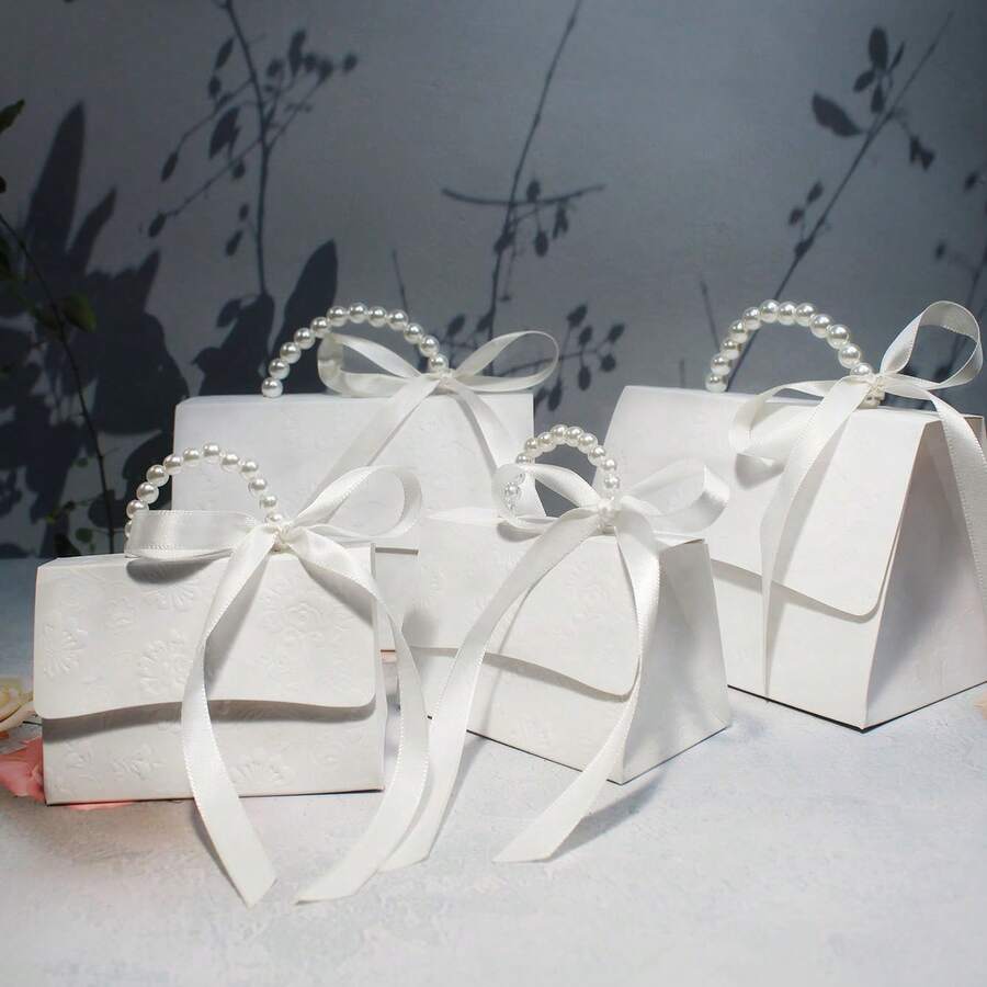 10pcs Black & White Elegant Embossed Gift Boxes, With Satin Ribbons & Pearl Handles, Multi-Size Suitable For Various Occasions Like Weddings - Multicolor - View 1