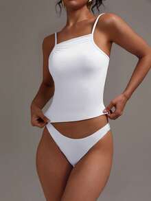 女士高弹双面瑜伽面料全白休闲百搭修身吊带背心 - 白色 - 查看 2