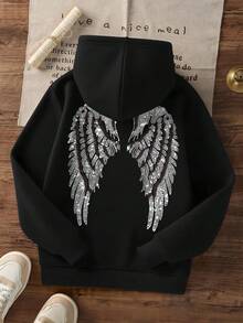 1pc Tween Girls Casual Printed Pullover Sweatshirt, Thermal Lined, Long Sleeve, Autumn/Winter Student Youth Clothing - Black - View 3