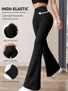 Plus-Size Women's High-Waisted Solid Color Flared Leggings – Slim-Fit Yoga Pants With Slimming Effect For Running, Gym & Daily Workouts - Black - View 3
