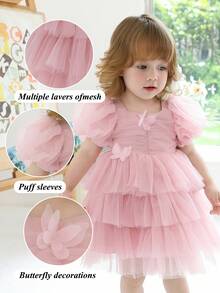 Baby Girls' Pink 3D Butterfly Tulle Puff Sleeve Elegant Party Princess Dress, Suitable For 1st Birthday Gift, Wedding Flower Girl, Banquet, Prom, Holiday Celebration - Pink - View 4
