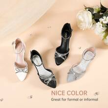 1 Pair Girls Sandals Closed Toe High Heels Pointed Toe Ankle Strap Pumps Flower Girl Dressy Shoes In Wedding Party Cute Bowknot Chunky Block Heeled For Little Big Kids - 緞面黑 - 查看 6