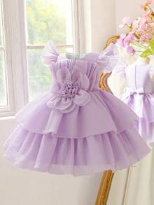 Vestido elegante de tul con purpurina 3D con cuello redondo y flores para niñas, adecuado para fiestas de cumpleaños, bodas y salidas, no incluye diadema - Púrpura malva - Ver 4