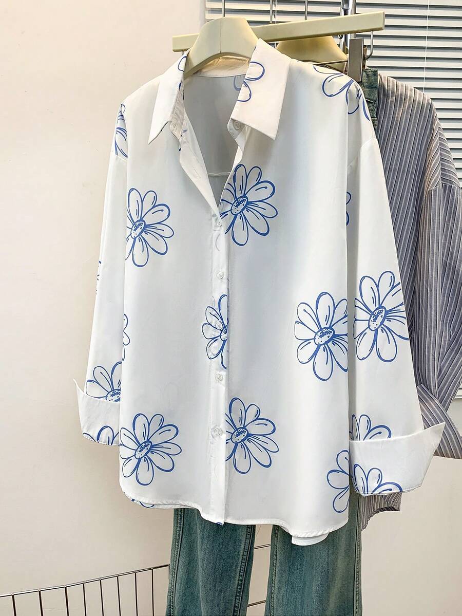 女士新款印花白色衬衫，夏季