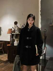 女士纯色翻领长袖宽松休闲高档羊毛大衣，秋冬款 - 黑色 - 查看 8