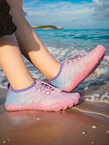 Kids Summer New Aqua Shoes, Striped Print, Breathable Mesh, Low-Top Hook And Loop, Quick-Dry Barefoot, Girls Beach/Swimming Shoes, Rubber Non-Slip Sole, Outdoor Cycling, Indoor Fitness Yoga Running Jumping Multifunctional Training Shoes - Pink - View 3