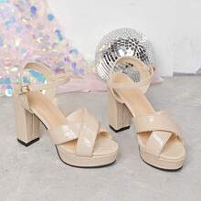 Giày cao gót đế cao màu be thời trang mới thoải mái kết cấu đá PU quai chéo cho nữ, mũi tròn hở mắt cá chân, thiết kế quai ngang mắt cá chân, giày cao gót đế dày gợi cảm thời trang đa năng cho tiệc khiêu vũ ngoài trời mùa hè - Màu be - Xem 15