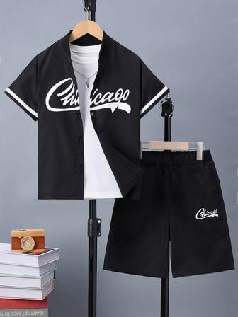 2 件男童夏季运动芝加哥印花衬衫 + 纯色短裤套装