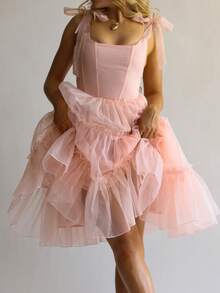 Womens Poofy Layered Tulle Short Dress Y2K Spaghetti Strap Sleeveless Square Neck Ruffle Tiered Tutu Dress Solid Color Tie Back Midi A-Line Dress Elegant Cocktail Party Dress - 粉色 - 查看 3
