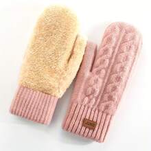 1 Pair Women's Winter Double Layer Fleece Thickened Warm Mittens Knitted Cable Pattern Cold Weather Warm Fashionable Women's Mittens Suitable For Daily Use And Parties For Women And Men - 紅色 - 查看 9