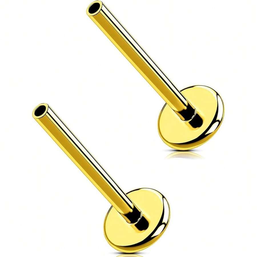 G23 Titanium Threadless & Internally Threaded Flat Back Stud Earrings – 20G 18G 16G Silver Gold Labret Post In 5mm–12mm For Nose Helix Tragus Cartilage Conch Lobe Medusa Piercing Jewelry,Gold,2pcs - 2 chiếc - Xem 1