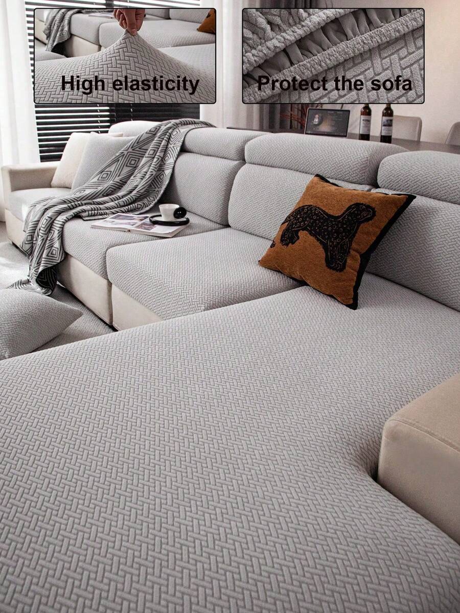 1pc Solid Color Elastic Sofa Cover, Boho Style Sofa Slipcover, Anti-Slip & Anti-Cat Scratch Fit For 1/2/3/4 Seater Sofa, Home Decor All Season, Machine Washable - Light Grey - View 1