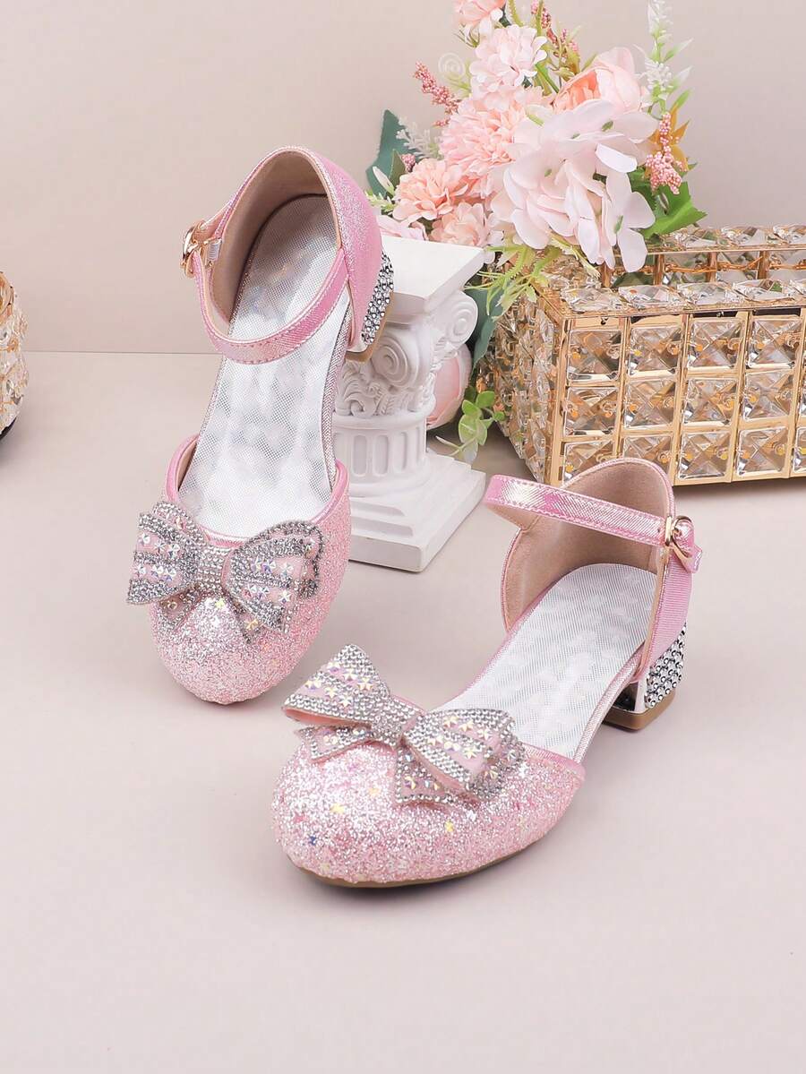 Flower Girl Shoes For Wedding, Party, Holiday, Suitable For Girls Of All Ages, Children Shoes, Classic Comfortable Versatile Small Shoes, Fashion Pink Sequin Bow Tie Pumps, Suitable For Formal Dresses, Performances, Ballet, Princess Shoes