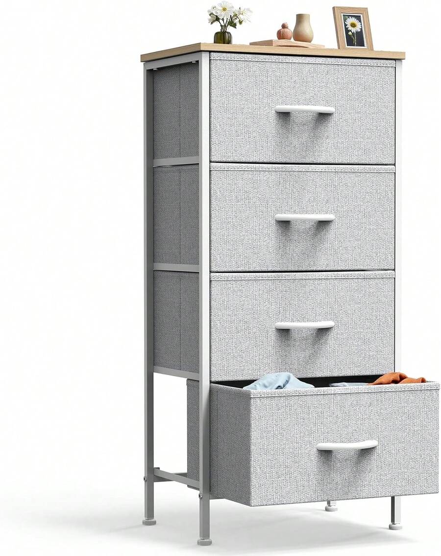 Sweetcrispy Drawer Organizer Dresser With Removable Fabric Bins & Sturdy Steel Frame/Wood Top - Tall Bedside Table Suitable For Bedroom, Dorm, Living Room - Màu Xám nhạt - Xem 1