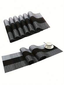 1 Juego de Camino de Mesa y Manteles Individuales, Manteles Individuales Tejidos de PVC, Diseño con Patrón Negro y Gris - Paño Decorativo Rectangular, Adecuado para la Decoración de la Mesa de Comedor en la Sala de Estar, Cocina, Comedor y Cafetería - Perfecto para Celebraciones de Fiestas, Cumpleaños y Uso Diario. - Negro - Ver 6