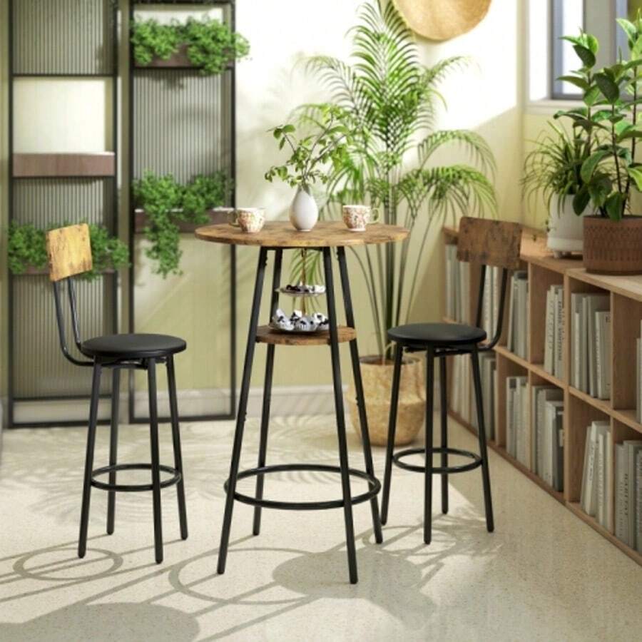 HOMCOM 3-Piece Bar Table Set With 2 Upholstered Stools, Faux Leather Cover, Backrest, Metal Frame, Brown - Brown - View 1