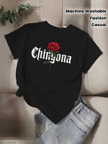 Women's Chingona Gothic Style T-Shirt - Casual Comfort Fit With Red Rose Graphic, Round Neck, Short Sleeve, Machine Washable, Spring/Summer Collection, T-Shirt Stylish - 黑色 - 查看 6