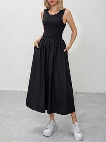 Aurora Silk Women's Solid Color Pocketed Casual Sleeveless Dress, Suitable For Spring, Summer, Autumn, Party Wear - Black - View 2