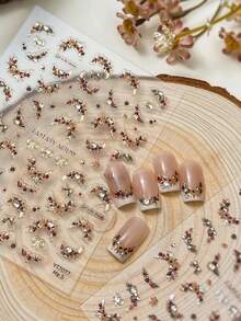 Adesivos de unhas com strass em estilo vintage com flores e renda de pinha, 1 unidade, estampagem a quente prateada, 5D, autoadesivos, para unhas DIY - Suprimentos e enfeites para unhas para meninas e mulheres - Unhas de outono, inverno e Natal para decoração de unhas em casa e no salão.