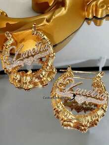 Customized Letter Heart-Shaped Crown Sparkling Bamboo Pendant Earrings, Personalized Name Stainless Steel Earrings, Perfect For Weddings, Valentine's Day, Mother's Day, Cute Earrings, Gold, Fashionable, Colorful, Retro, Simple, Neutral, Casual, Cute, Customized, Personalized, Unique - 金色 - 查看 1