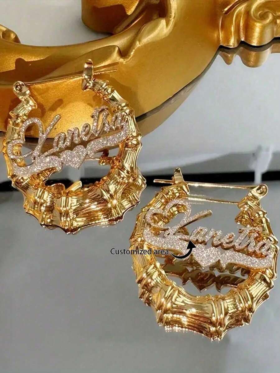Customized Letter Heart-Shaped Crown Sparkling Bamboo Pendant Earrings, Personalized Name Stainless Steel Earrings, Perfect For Weddings, Valentine's Day, Mother's Day, Cute Earrings, Gold, Fashionable, Colorful, Retro, Simple, Neutral, Casual, Cute, Customized, Personalized, Unique - 金色 - 查看 1