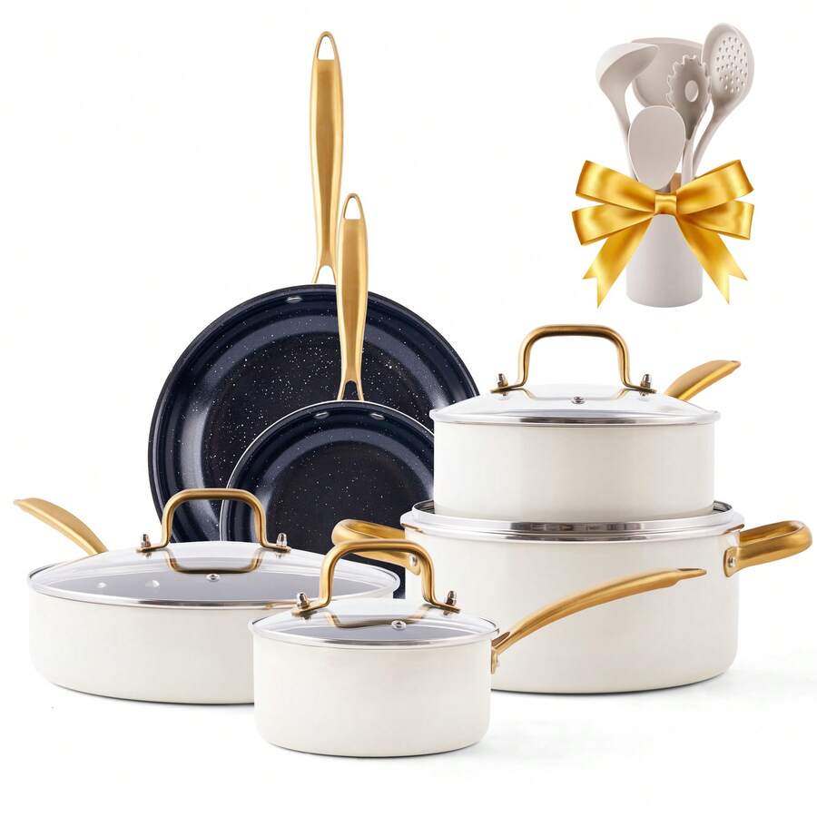 Caannasweis 15 Pieces Ceramic Pots And Pans Set Nonstick Cookware Set With Dutch Oven, Frying Pan - 黑與白 - 查看 1