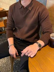 HUODA Men's Loose Thin Long Sleeve Striped Knit Polo Shirt, Minimalist & Fashionable, Suitable For Daily Commute, Spring/Autumn - Coffee Brown - View 5