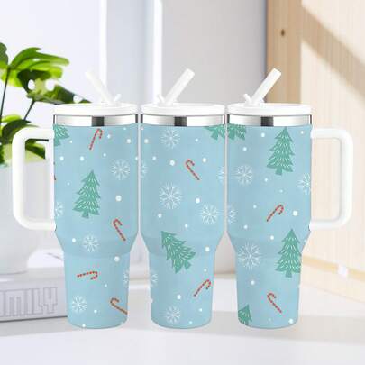 1pc 40oz Christmas Tumbler With Handle And Straw – 304 Stainless Steel Vacuum Insulated – Keeps Coffee Hot For 6H & Smoothie Cold For 12H – Ideal For Rooftop Camping & City Skyline Views – Fits Car Cup Holders – Urban Camp & Sip In Style