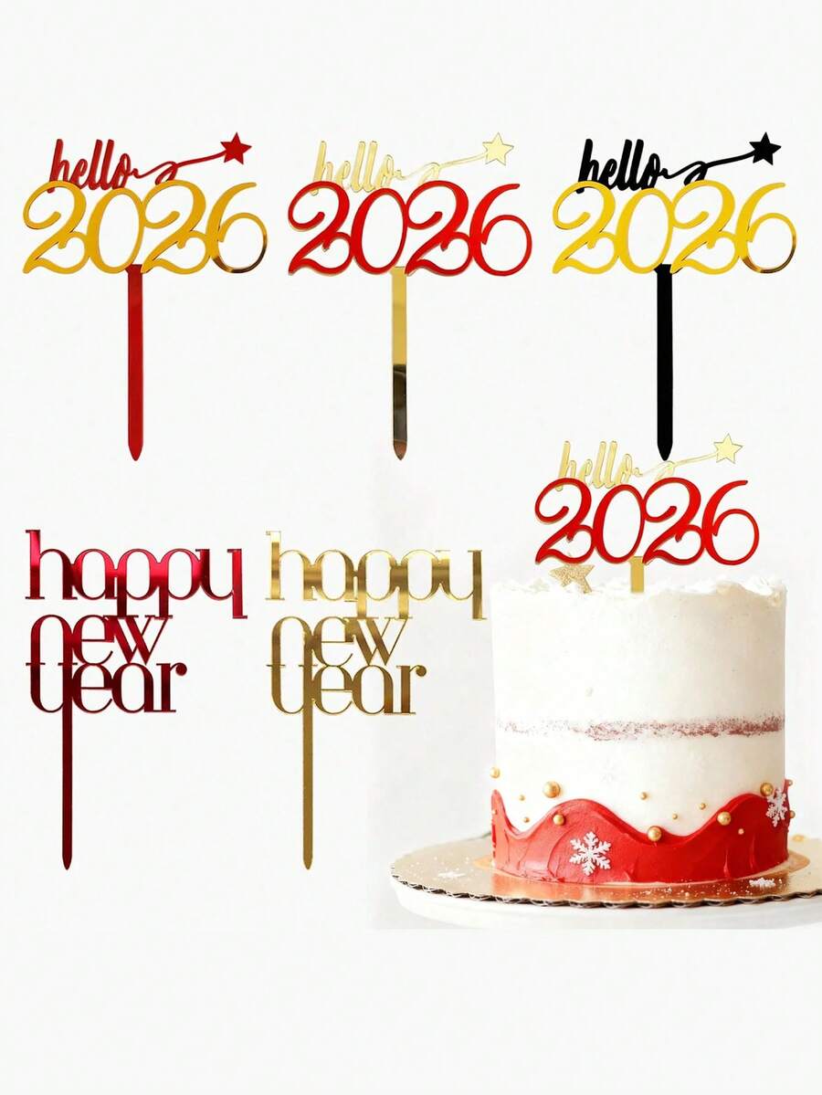 Gold Red Black Acrylic Happy New Year Hello 2026 Cake Topper, Acrylic Cake Topper,For New Year Christmas Party Valentine's Day DIY Cake Decoration Supplies, Valentine's Day Party, Home Decor, Home Gifts - Multicolor - View 1