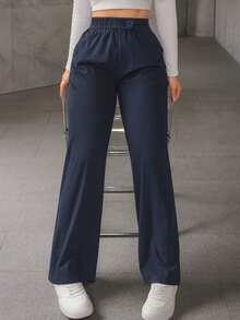 A&DD MODA, REF: ADD8949 - Women's Casual Straight-Cut Sweatpants With Elastic Waistband And Decorative Buttons At The Waist. Slightly Stretchy, With Pockets, Ideal For Outings And Everyday Wear. - 藏蓝色 - 查看 4