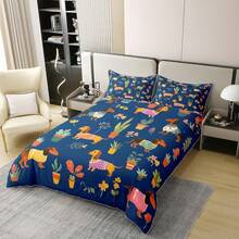 % Cotton Pink Dachshund Comforter Cover, Flower Floral Bedding Set, Kawaii Sausage Dog Duvet Cover, Lovely Puppy Quilt Cover, Soft Comfy, Dachshund Bedding - 藏蓝色 - 查看 7
